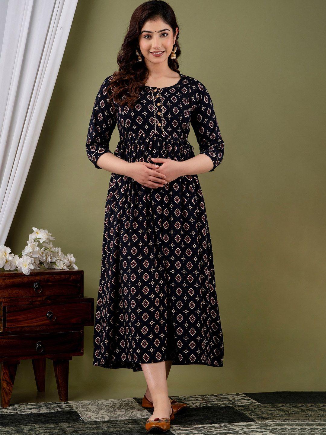 nitvan ethnic motifs printed pleated detail maternity cotton fit and flare ethnic dresses