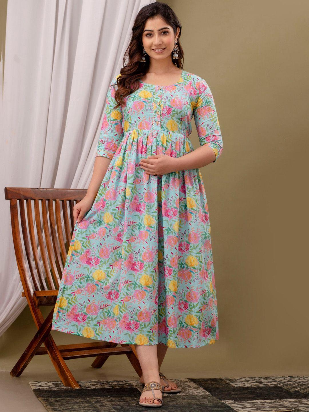 nitvan floral printed pleated detail maternity cotton fit and flare ethnic dresses