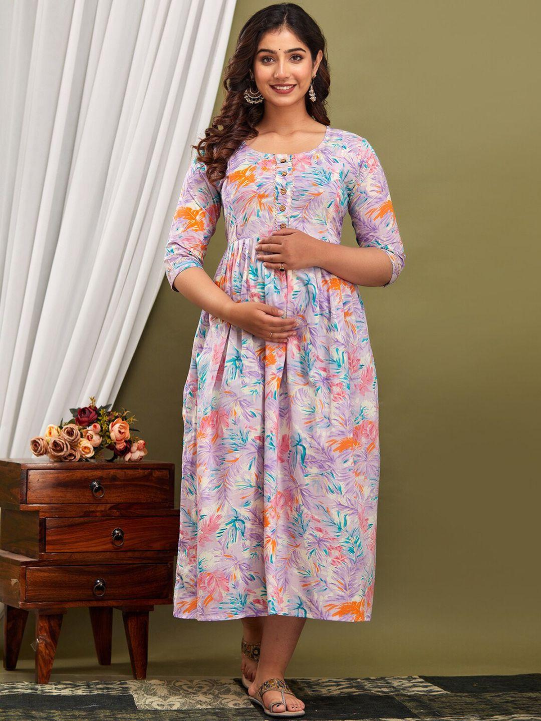 nitvan floral printed round neck gathered maternity cotton fit & flare midi ethnic dress