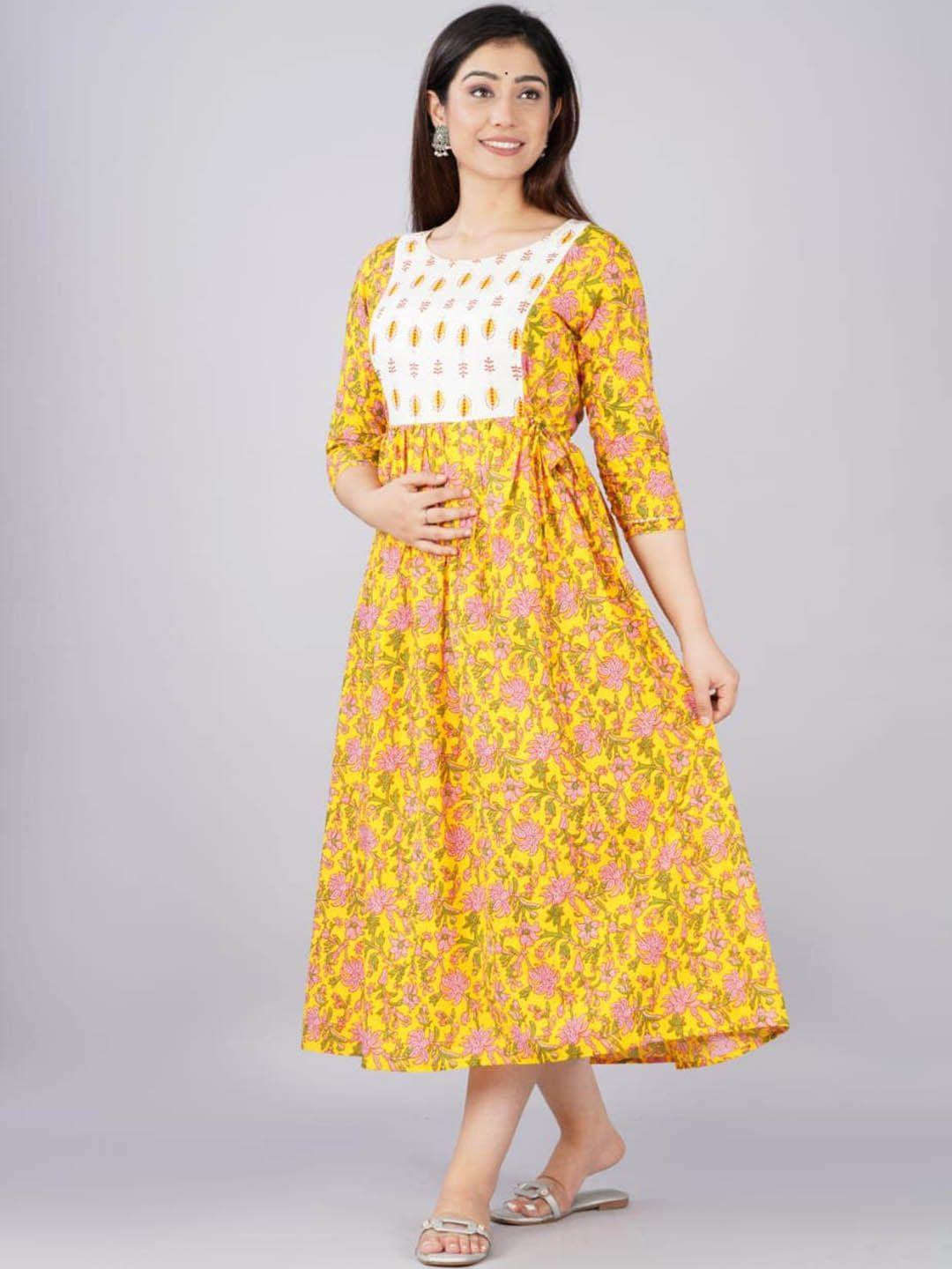 nitvan floral printed round neck gathered maternity cotton fit & flare midi ethnic dress