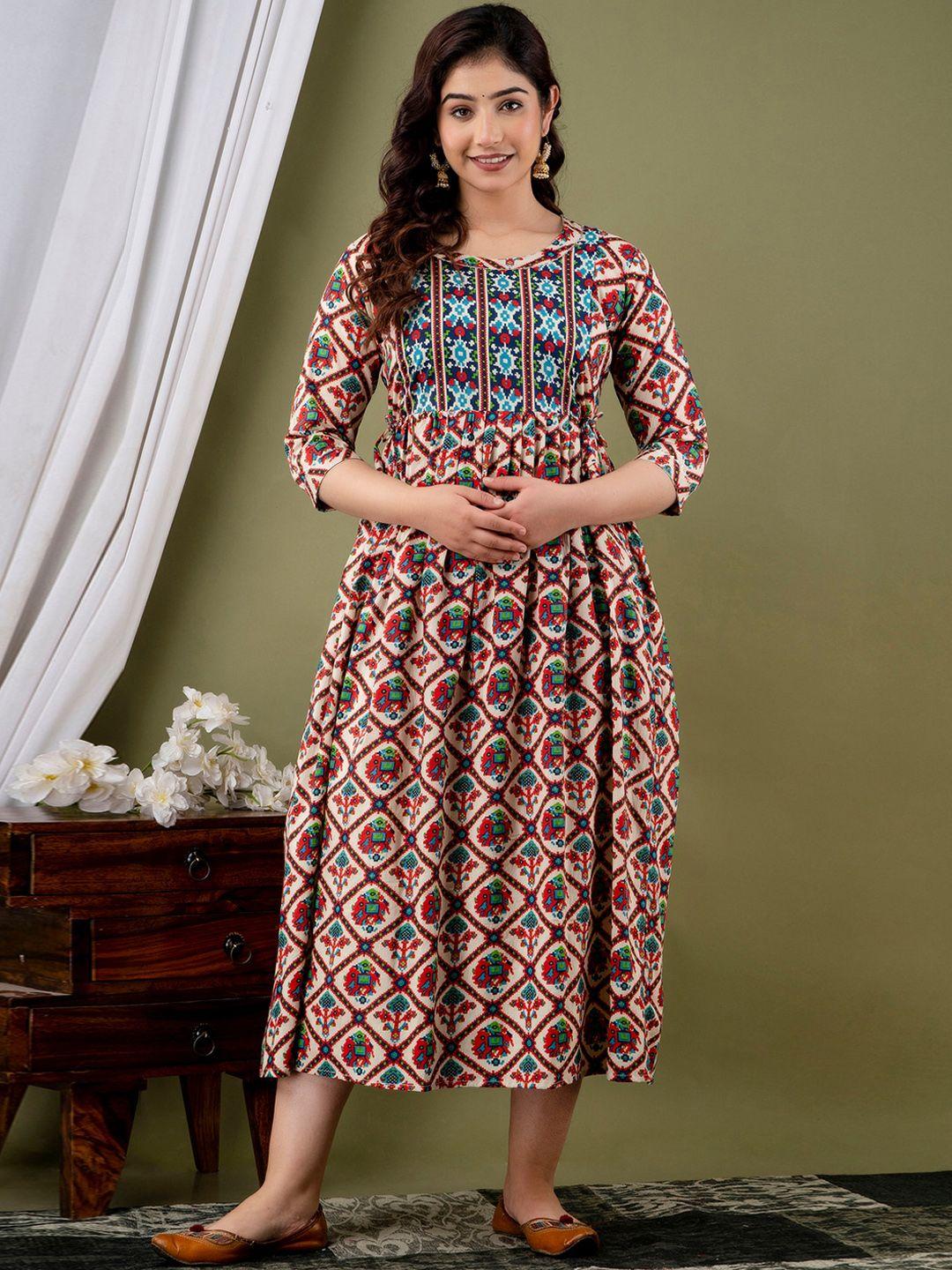 nitvan maternity ethnic motifs printed gathered fit & flare dress