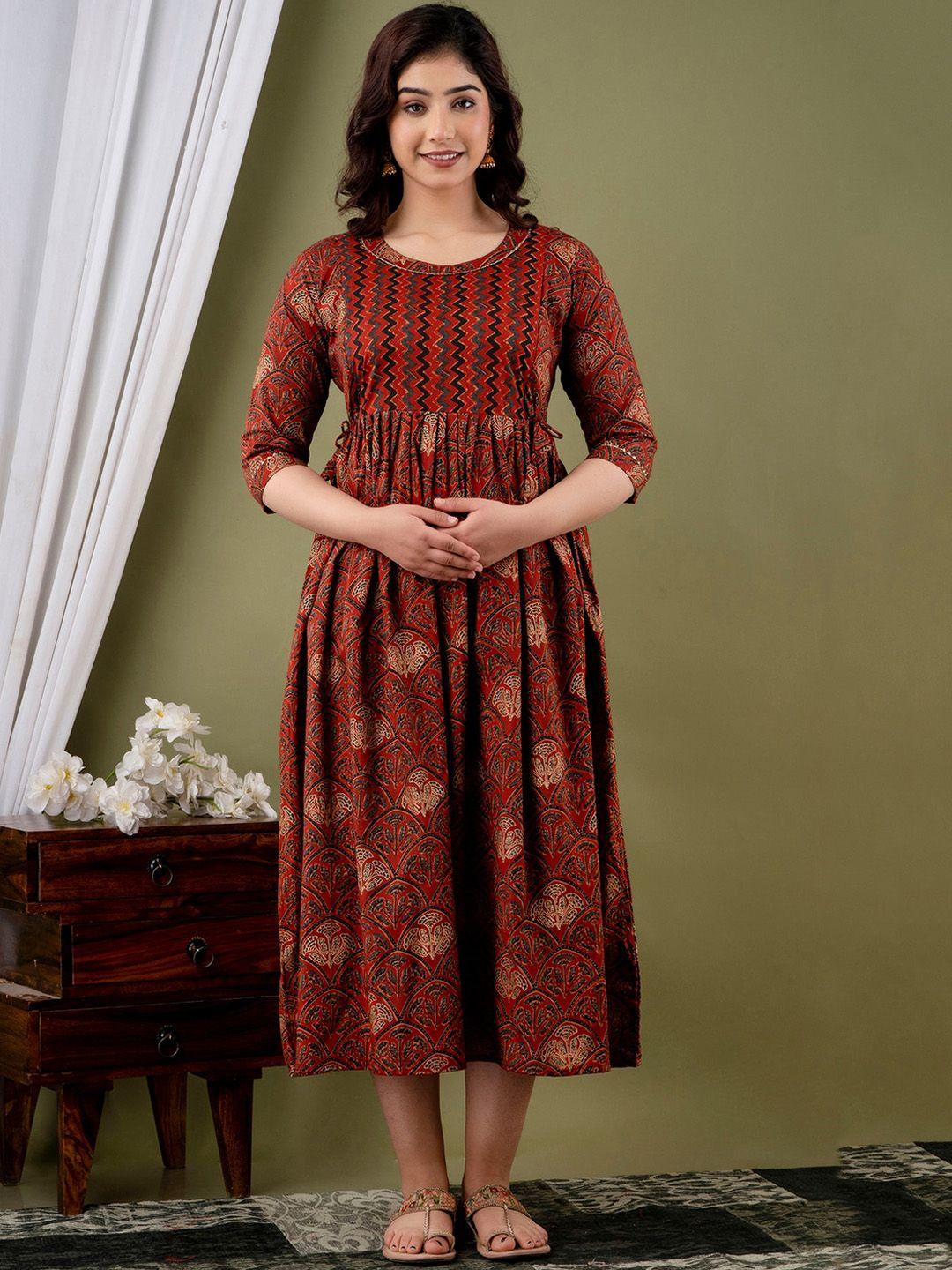 nitvan maternity ethnic motifs printed gathered fit & flare dress