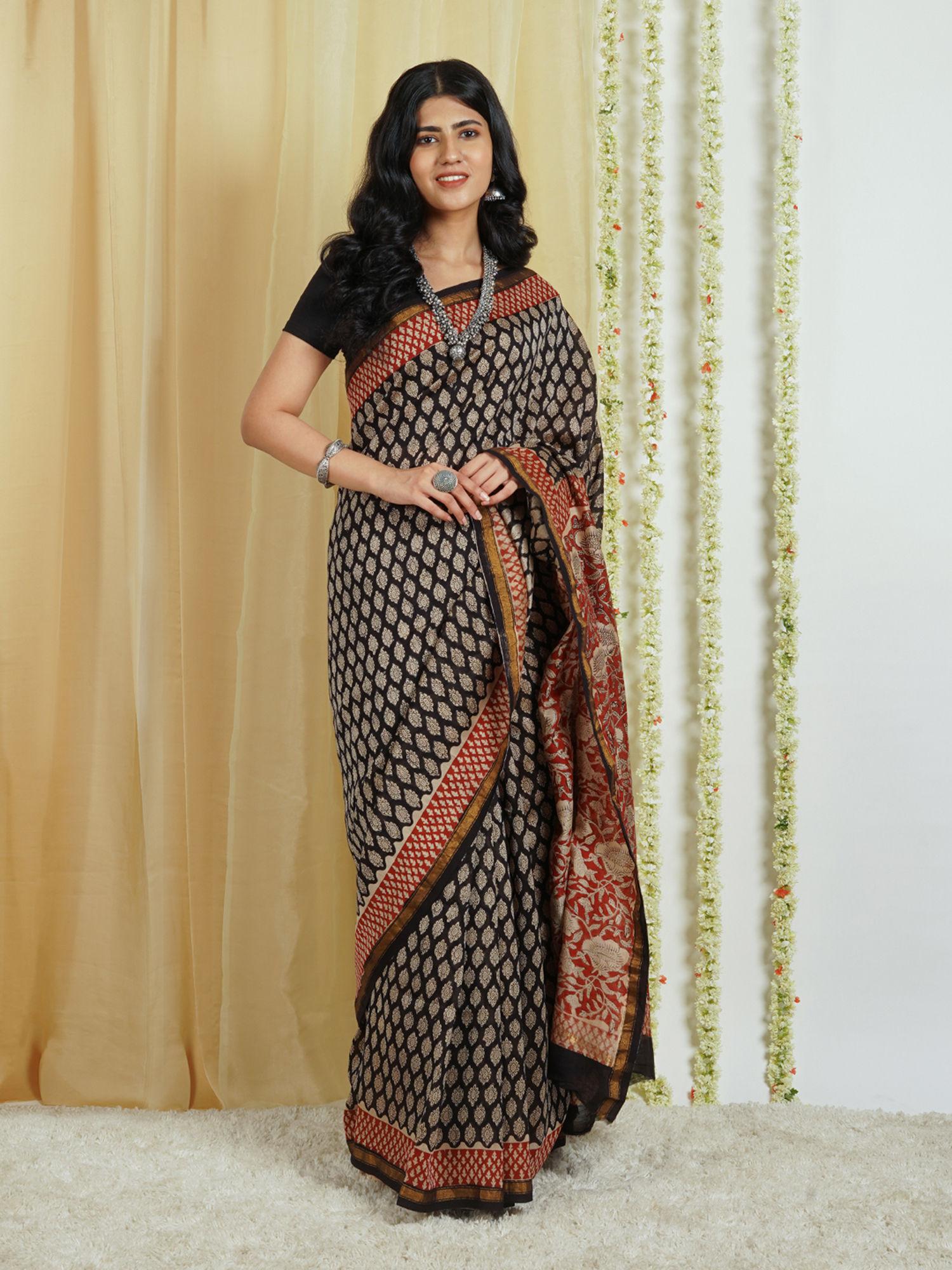 nitya black block print chanderi cotton saree with unstitched blouse