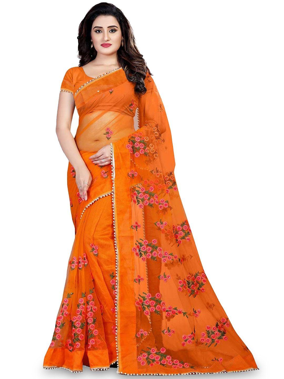nityanta fab orange & pink floral embroidered net ikat saree