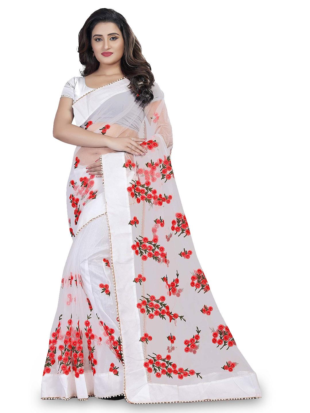 nityanta fab white & red floral beads and stones net ikat saree