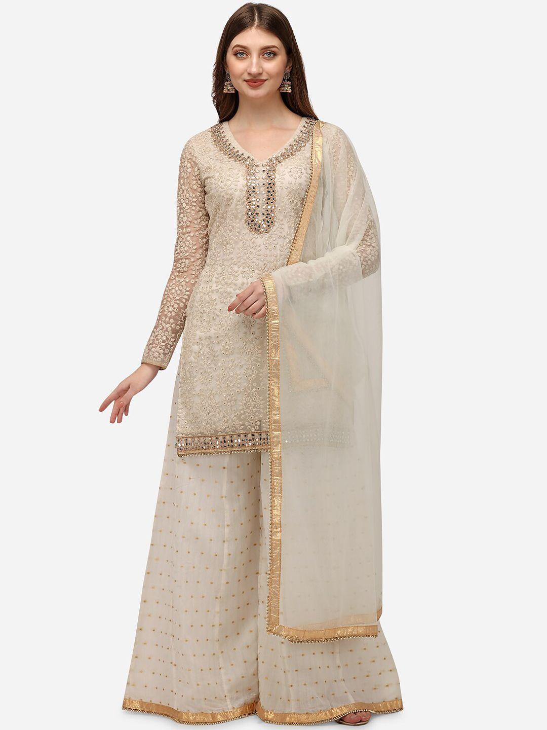 nivah fashion embroidered mirror work kurta with sharara & dupatta