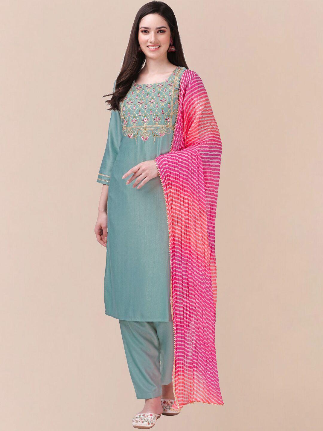 nivah fashion embroidered thread work cotton kurti with trousers & with dupatta