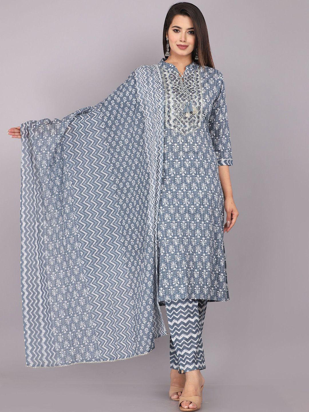 nivah fashion ethnic motifs printed pure cotton kurta with trousers & with dupatta