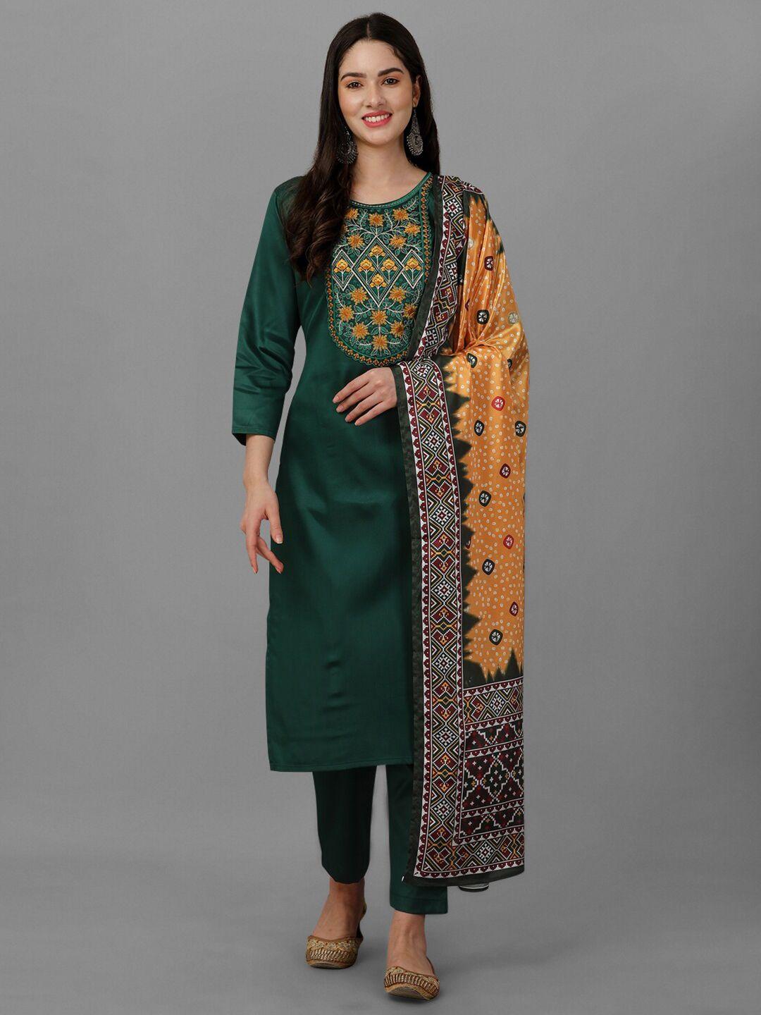 nivah fashion green & mustard embroidered satin unstitched dress material