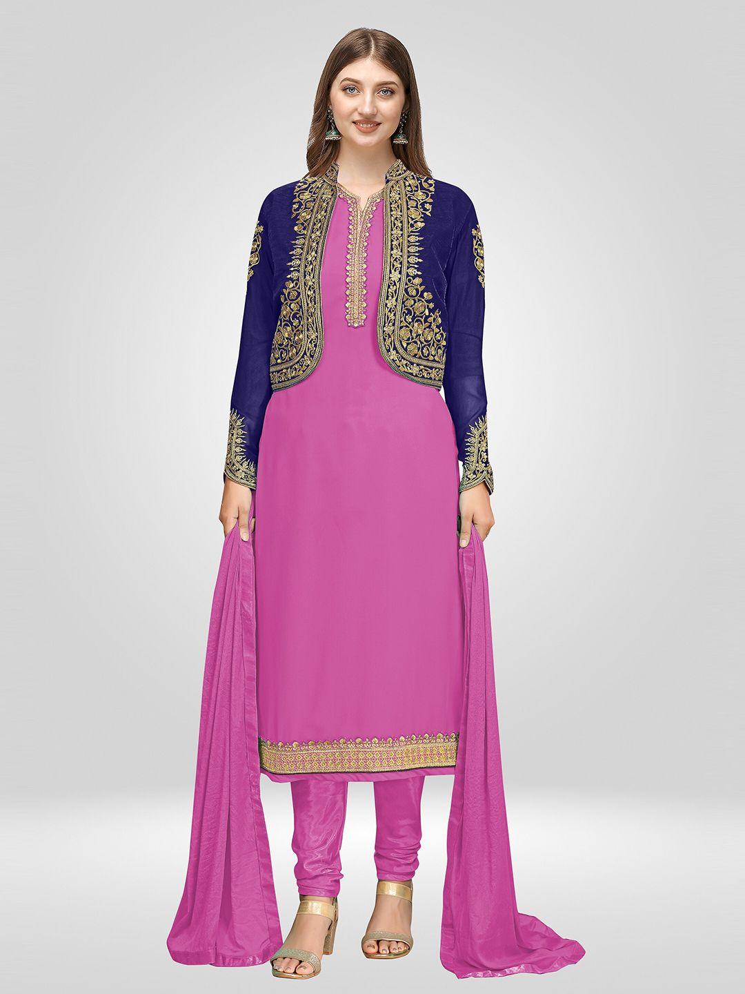 nivah fashion women fuchsia & blue embroidered unstitched dress material