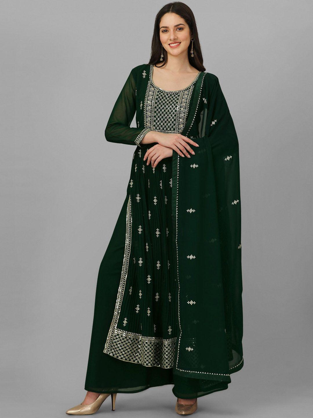 nivah fashion women green ethnic motifs embroidered high slit sequinned kurta with palazzos & with dupatta