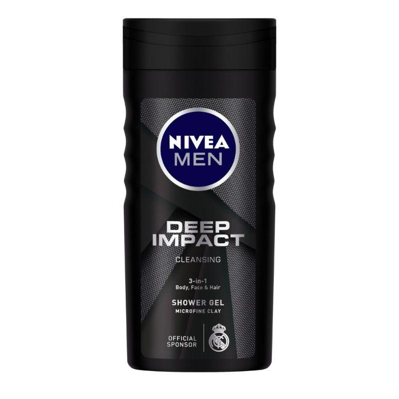 nivea men body wash, deep impact, 3 in 1 shower gel for body, face & hair, with microfine clay