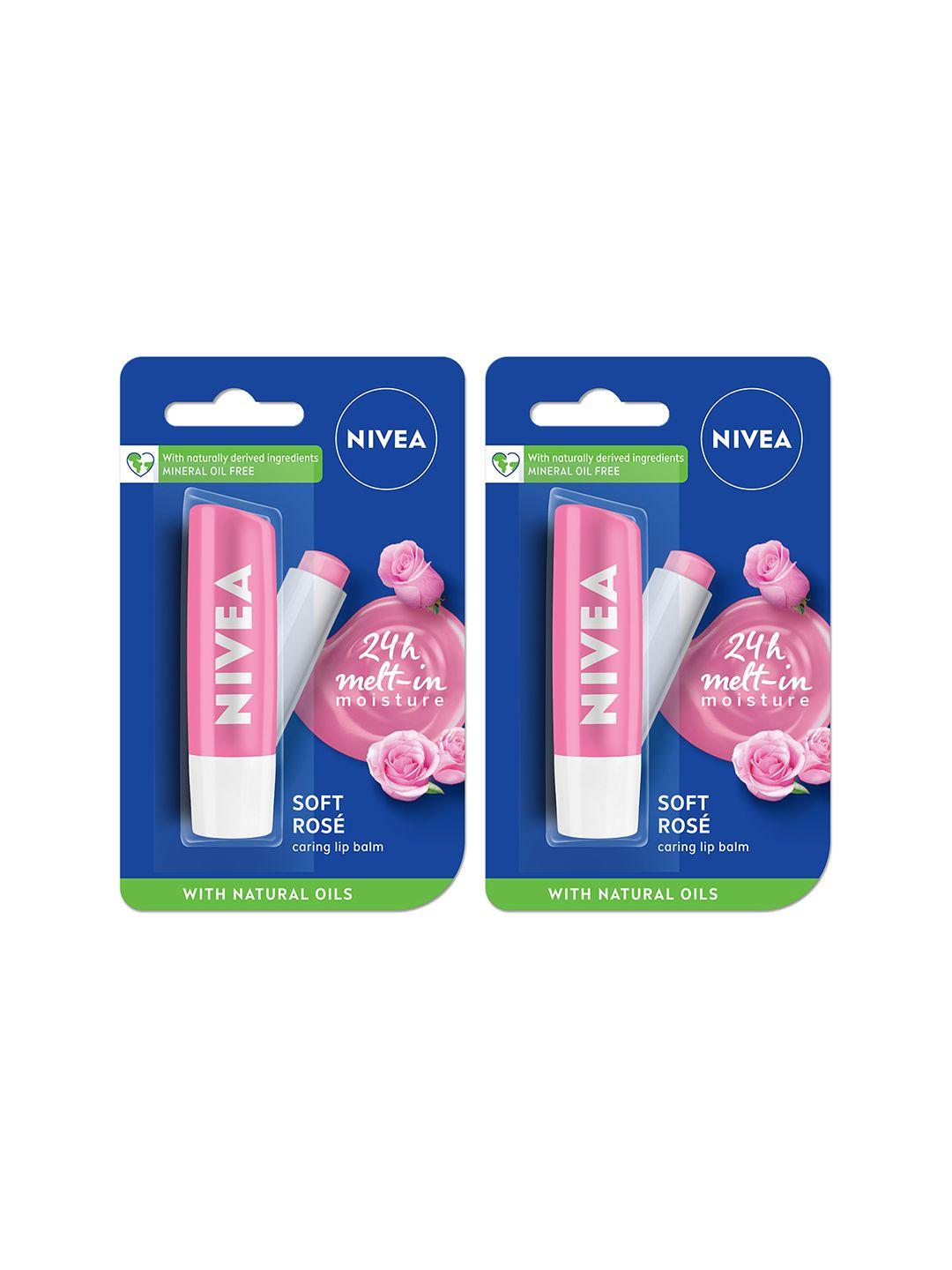 nivea set of 2 soft rose caring lip balm - 4.8g each