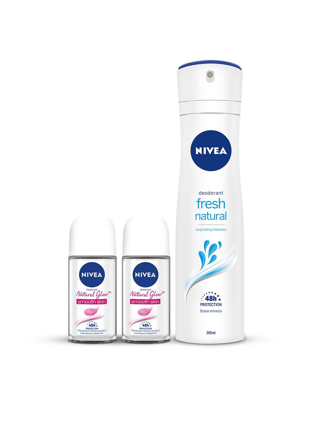 nivea set of 2 whitening smooth skin roll on & 1 fresh natural deodorant free 250ml