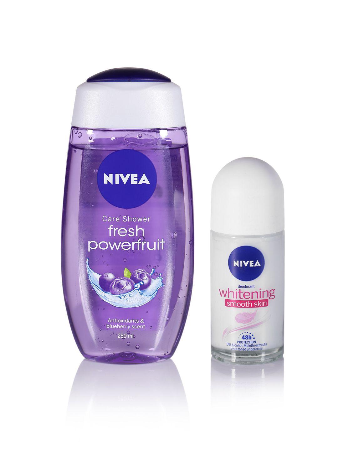nivea set of fresh powerfruit care shower gel & whitening smooth skin roll-on