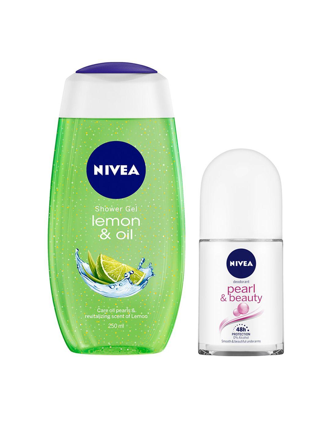 nivea set of lemon & oil shower gel with pearl & beauty roll-on deodorant