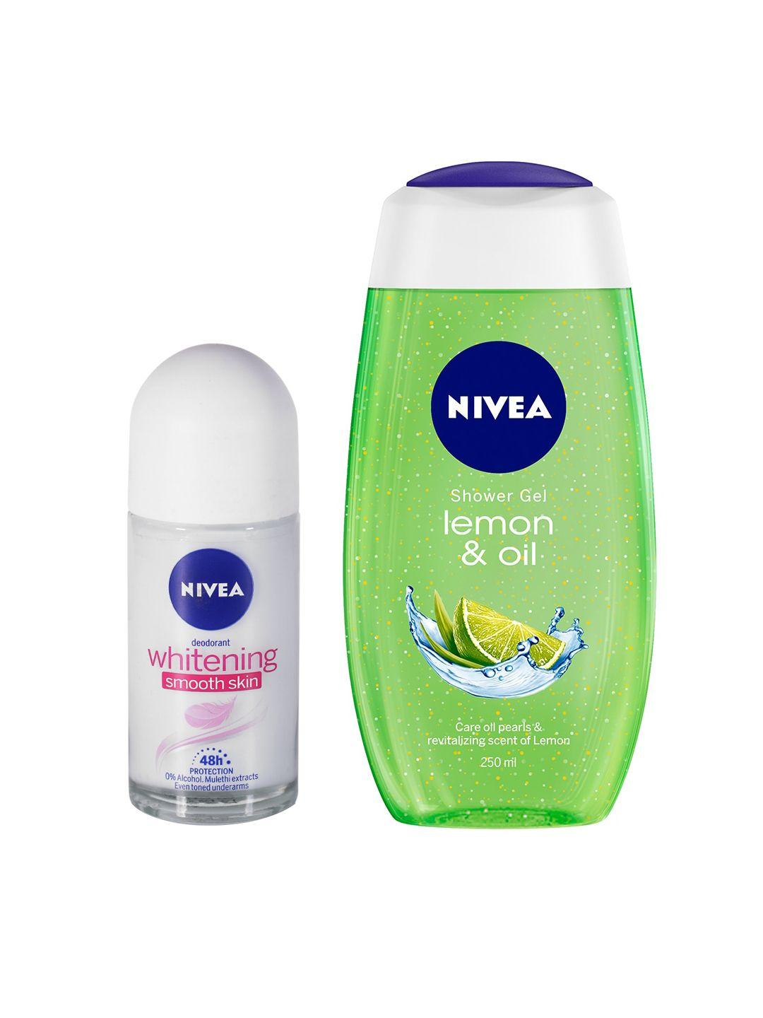 nivea set of lemon & oil shower gel with whitening smooth skin roll-on deodorant
