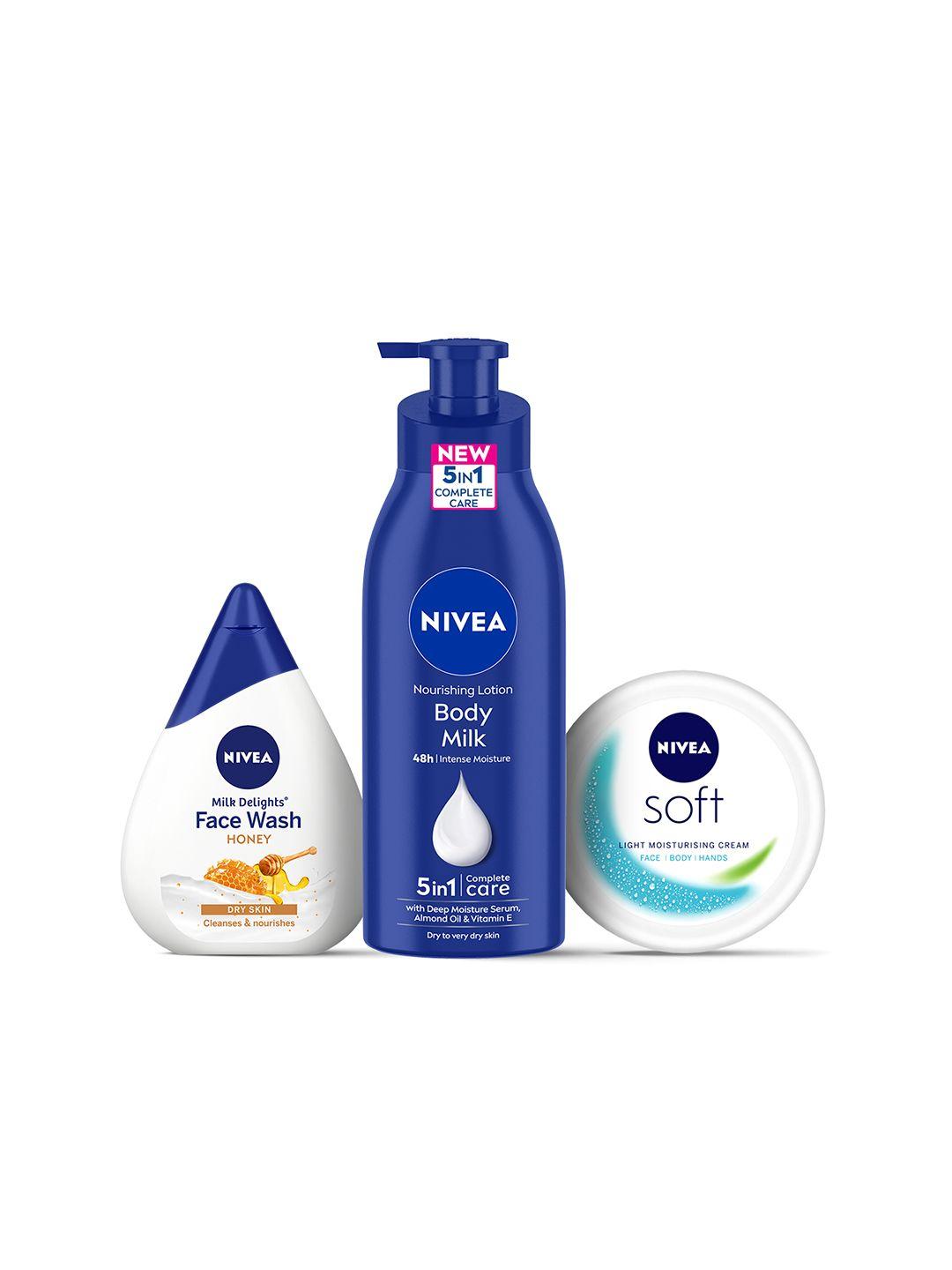 nivea set of nourishing body milk & soft light moisturizer with honey face wash