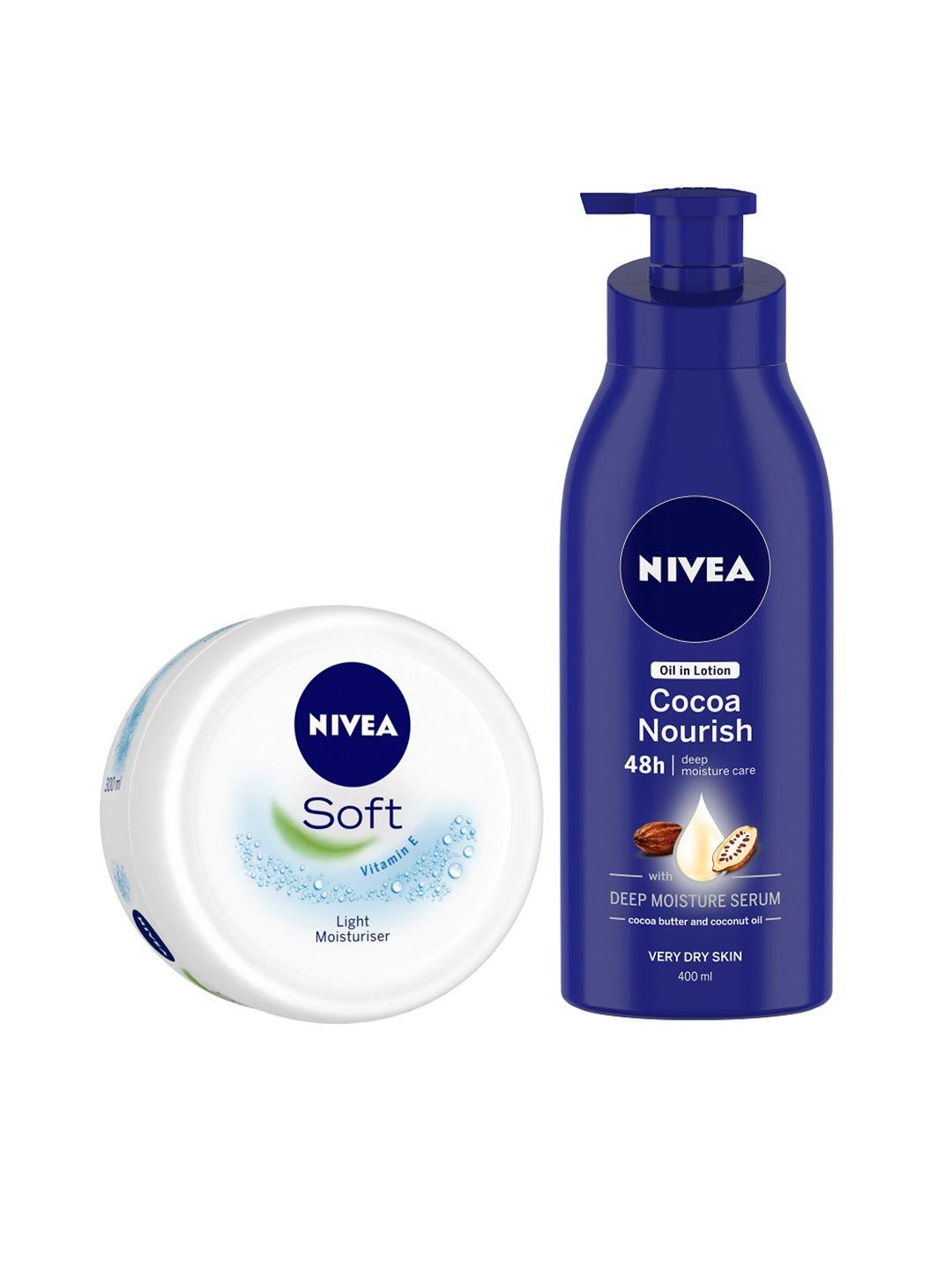 nivea set of soft vitamin e light moisturiser & cocoa nourish oil in body lotion