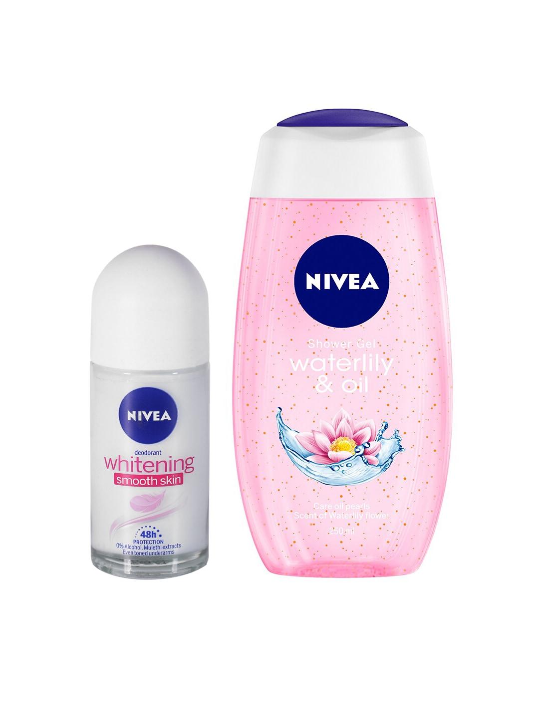 nivea set of waterlily & oil shower gel with whitening smooth skin roll-on deodorant