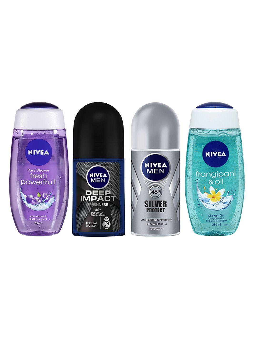 nivea set of women shower gels & men roll on deodorants