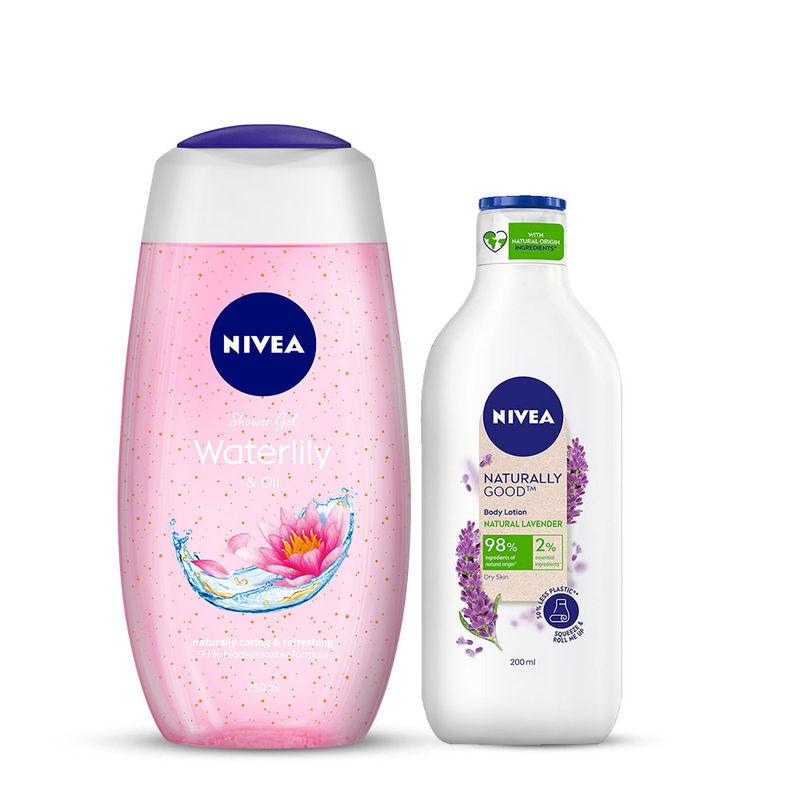 nivea waterlily & oil shower gel & naturally good and natural lavender body lotion combo