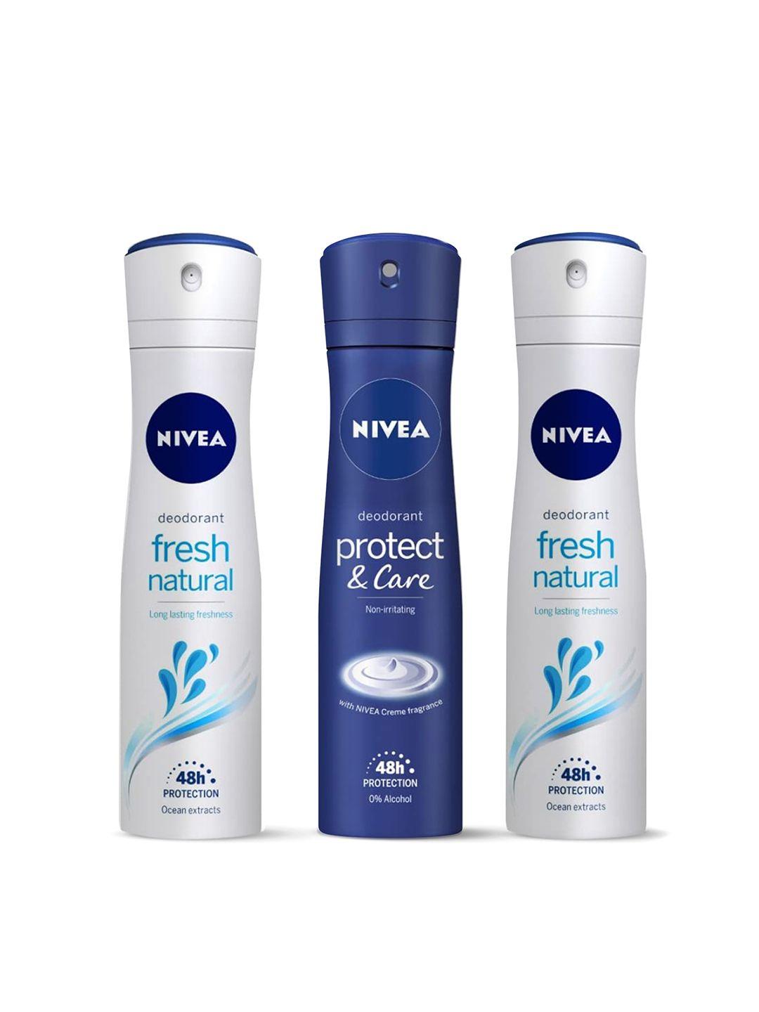 nivea women set of 3 deodorants - 2 fresh natural + protect & care - 150ml each