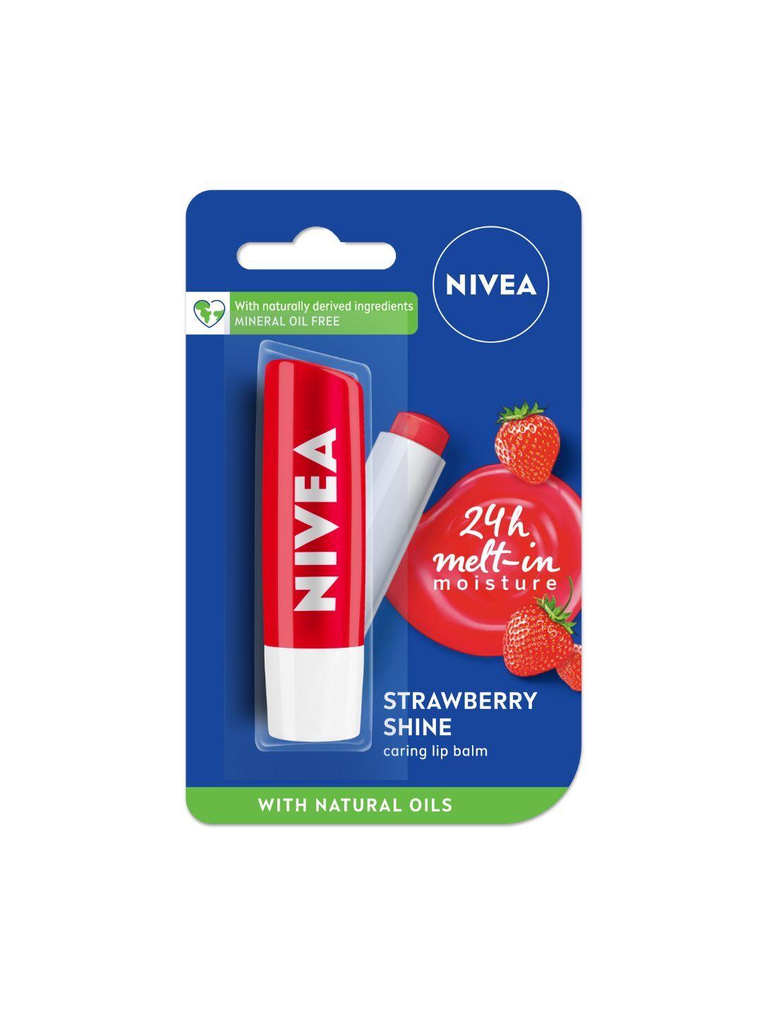 nivea women strawberry shine 24h moisture lip balm with natural oils, reddish shine 4.8 g