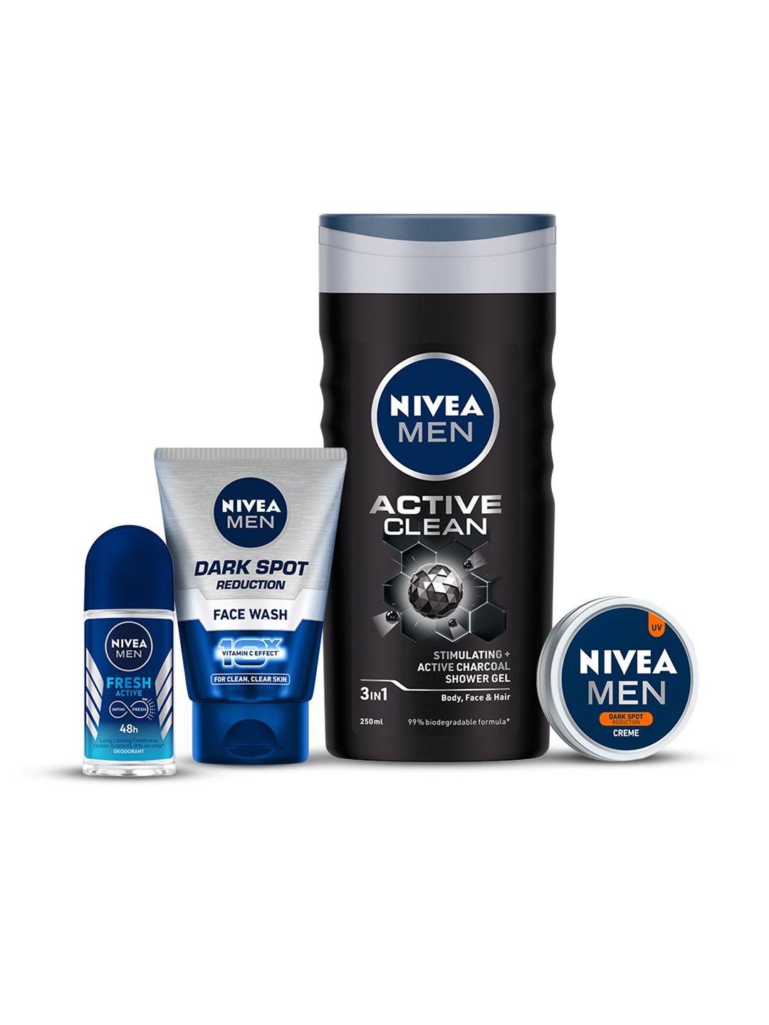 nivea mens travel combo - face wash 50ml + roll on 25ml + creme 75ml + shower gel 250ml