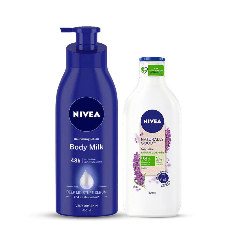 nivea nourishing body milk lotion & naturally good natural lavender body lotion combo