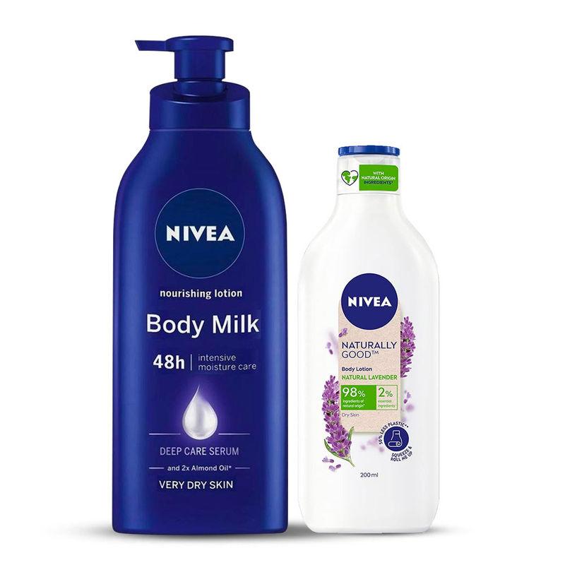 nivea nourishing value pack body milk lotion & naturally good natural lavender body lotion combo