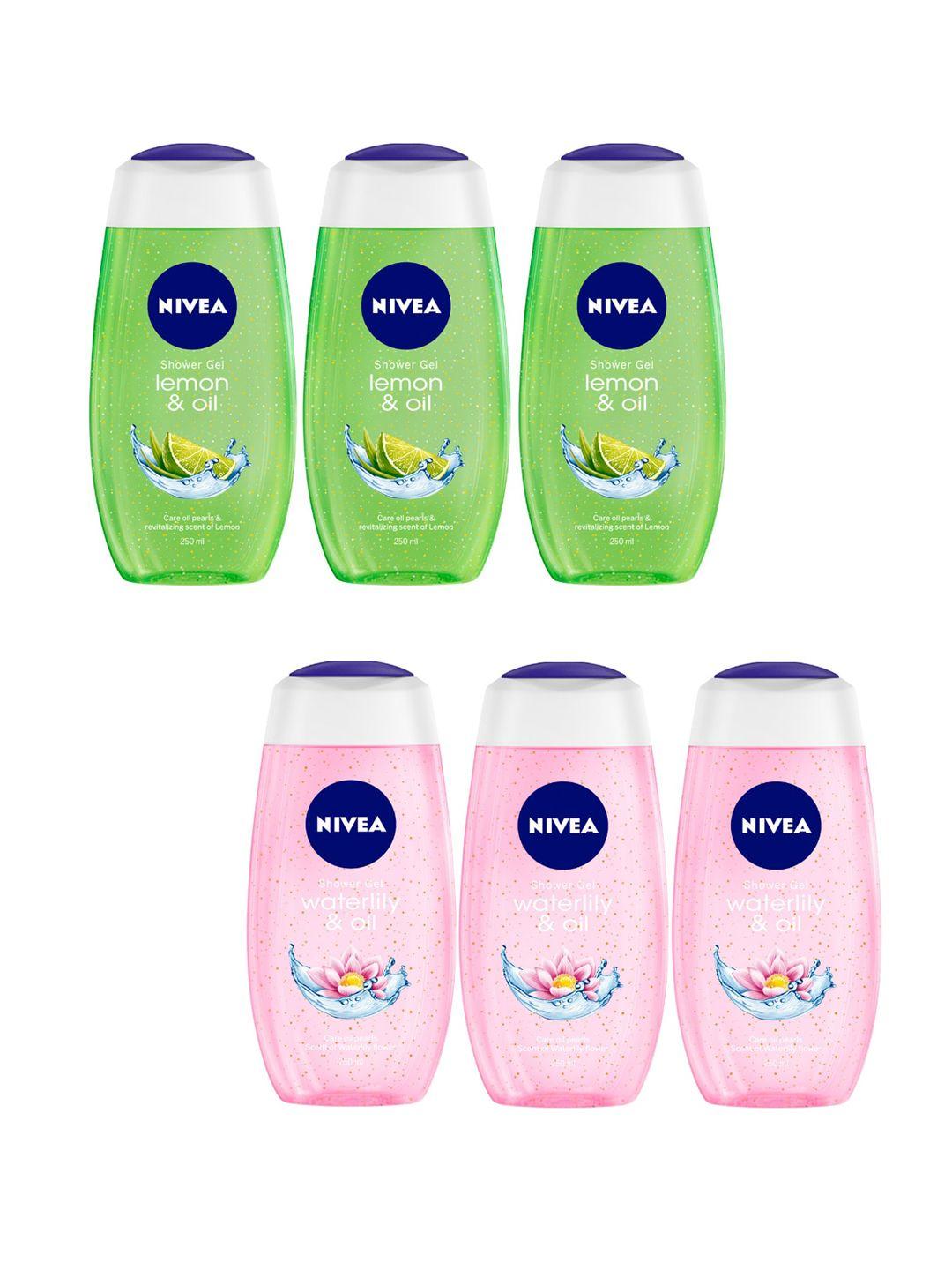 nivea set of 6 lemon & oil - waterlily & oil shower gels