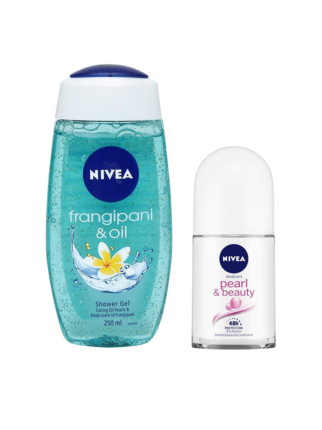 nivea set of fresh frangipani & oil shower gel with pearl & beauty roll-on deodorant