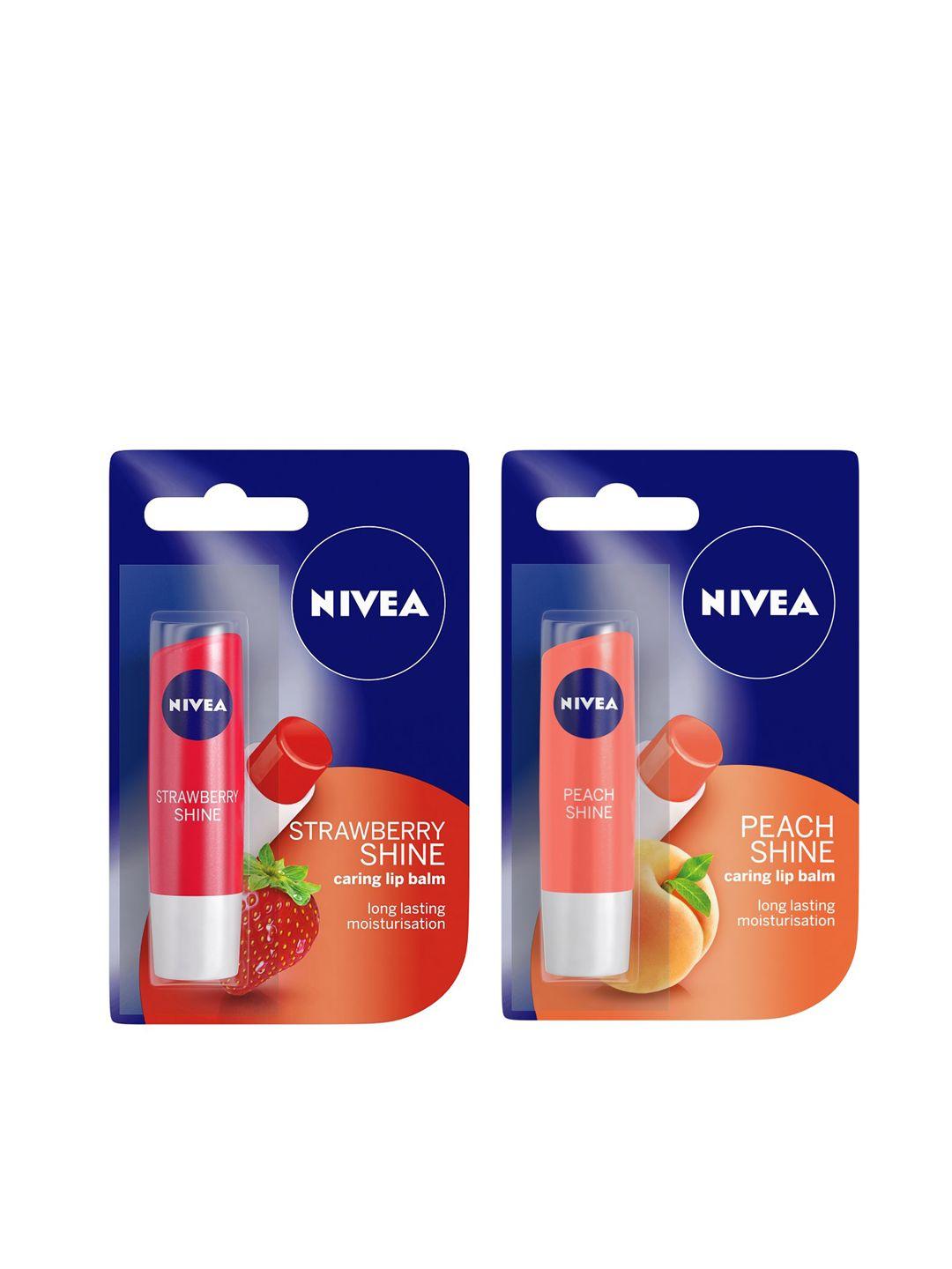 nivea set of strawberry shine & peach shine caring lip balms