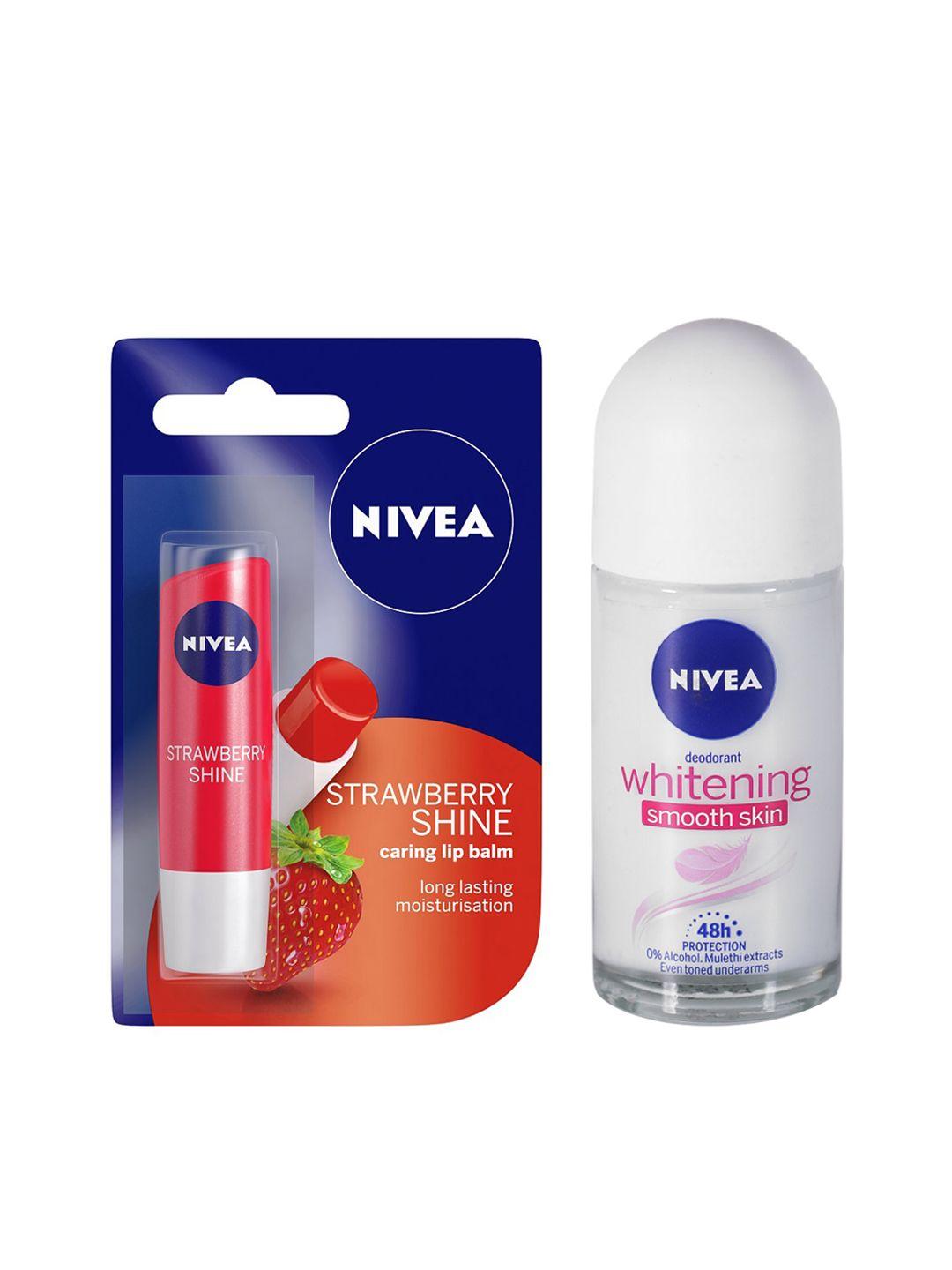 nivea set of strawberry shine caring lip balm & whitening smooth skin roll-on deodorant