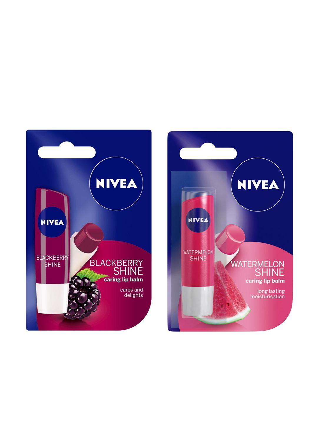 nivea set of watermelon shine & blackberry shine caring lip balms