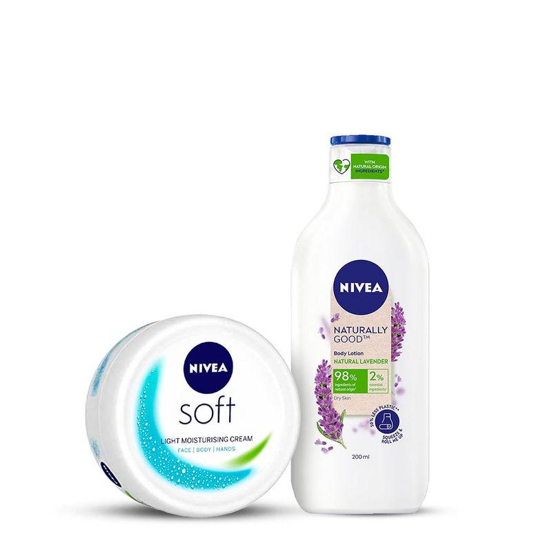 nivea soft light moisturizer & naturally good natural lavender body lotion combo