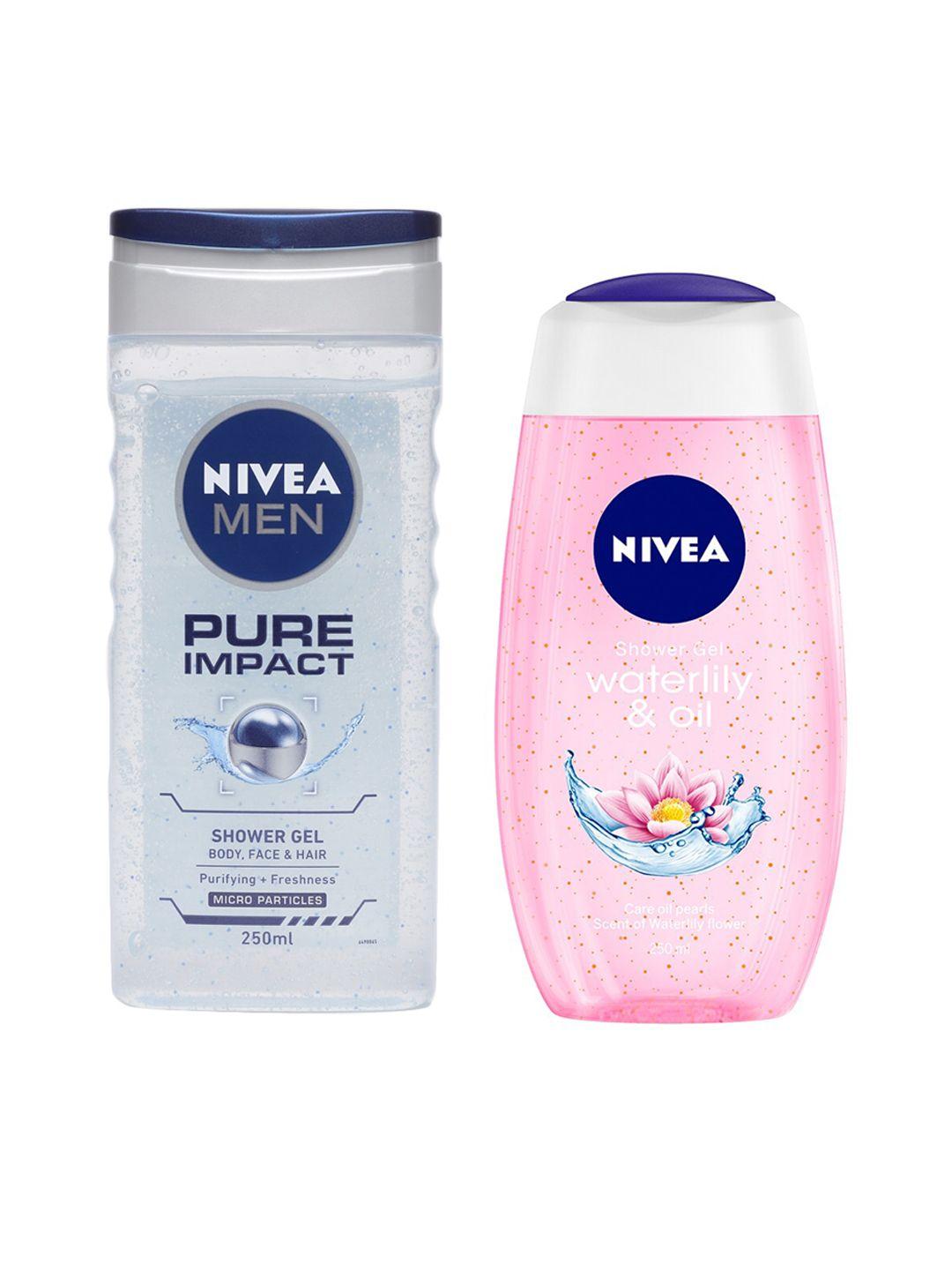 nivea unisex set of pure impact 3-in-1 with waterlily & oil shower gel