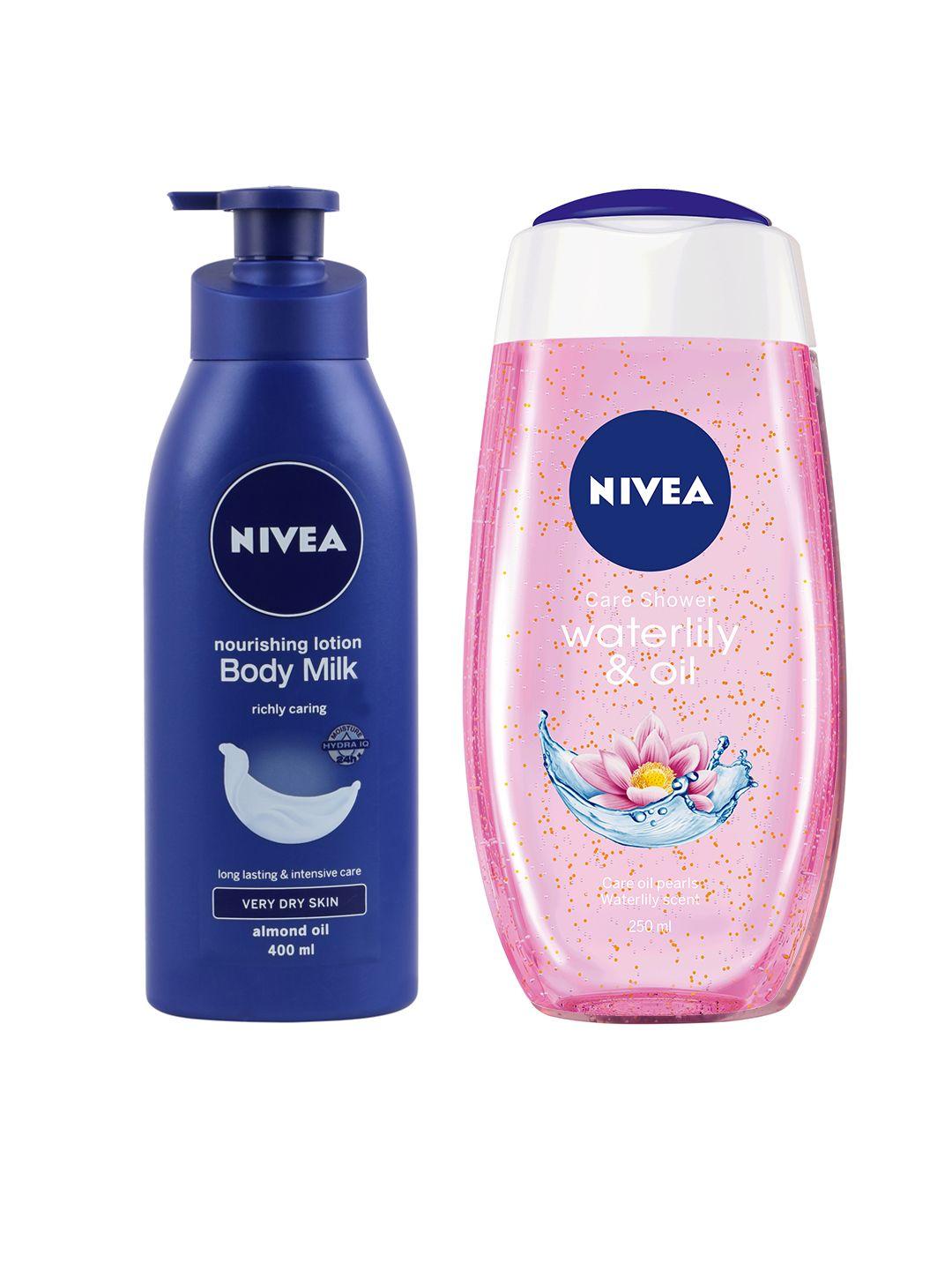 nivea water lily & oil care shower gel 250 ml & nourishing lotion body milk 400 ml combo