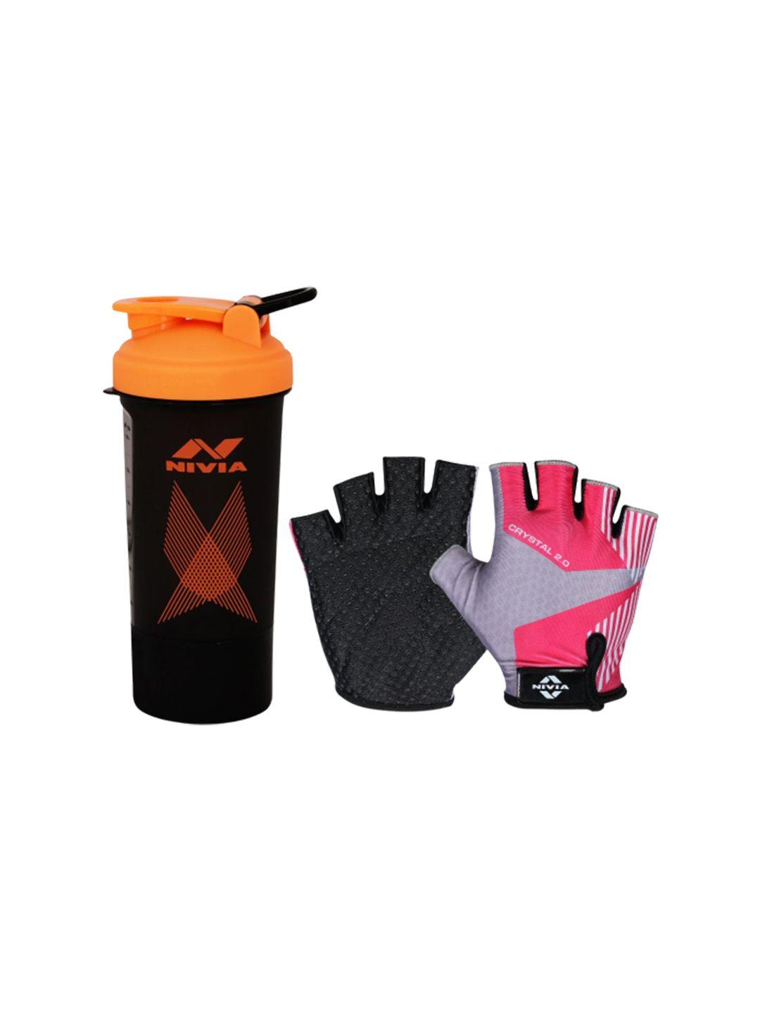 nivia color blocked leather gym gloves & shaker