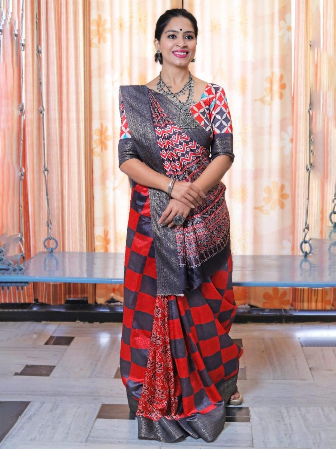 niwaa red & black zari silk blend kanjeevaram saree