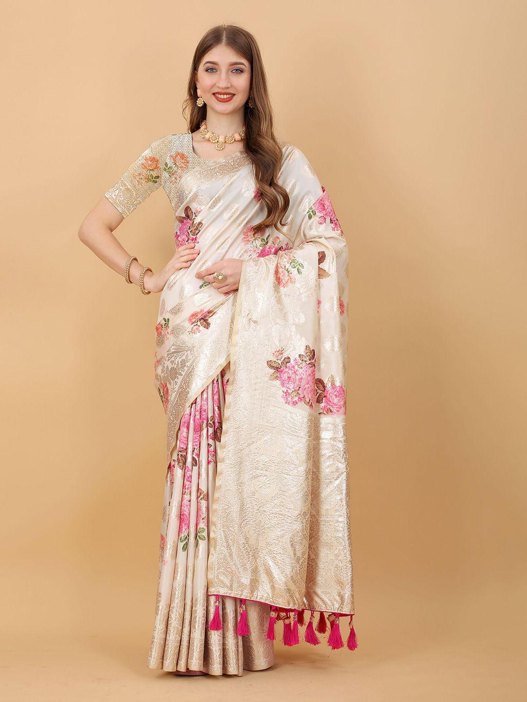 niwaa cream-coloured & multicoloured floral zari pure silk mysore silk saree