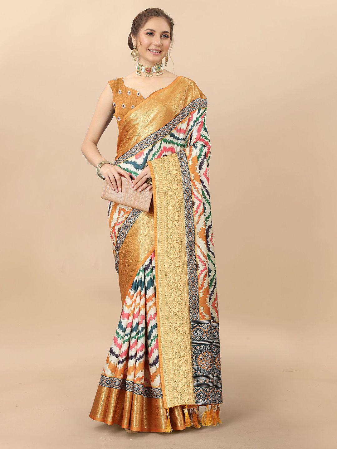 niwaa geometric zari pure silk banarasi saree with tassel