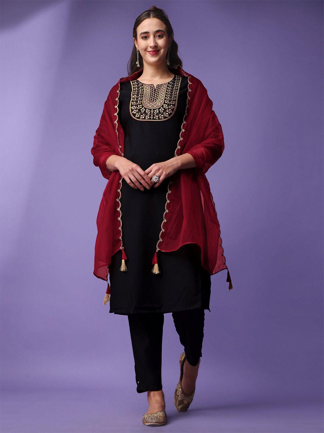 niza fashion embroidered round neck thread work straight kurta with trousers & dupatta