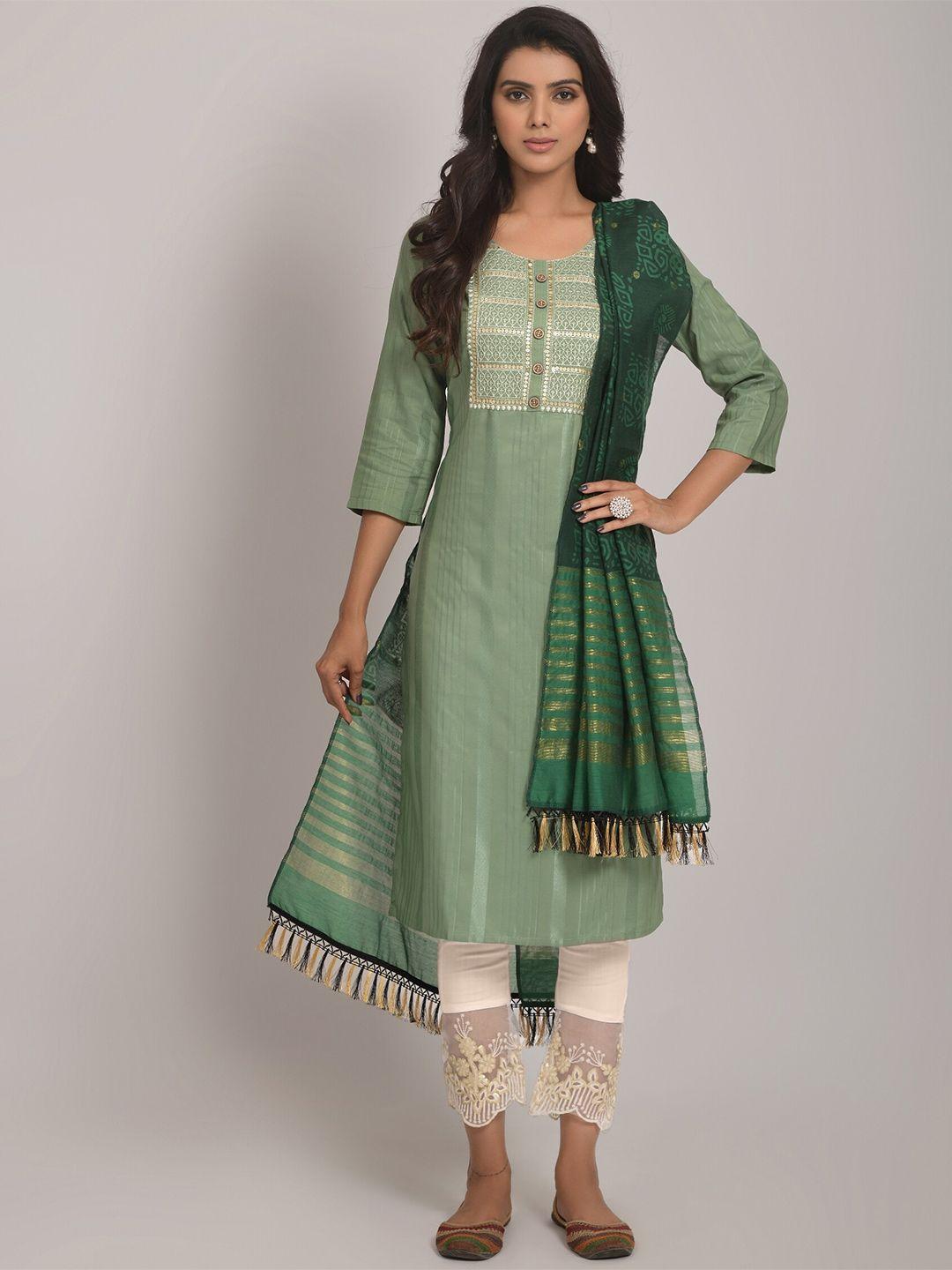niza fashion embroidered round neck thread work straight kurta with trousers & dupatta