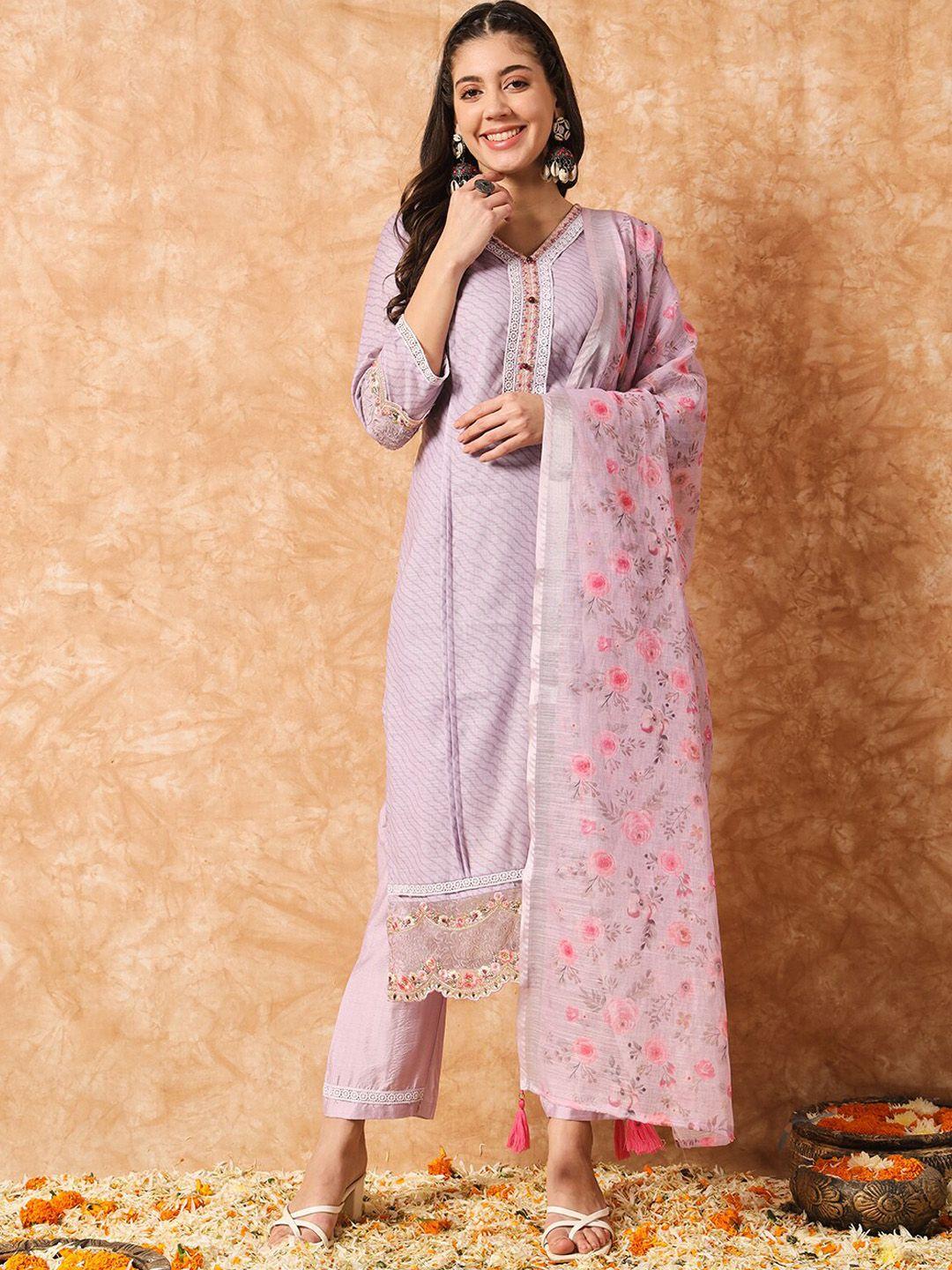 niza fashion women ethnic motifs printed regular thread work linen kurta with trousers & with dupatta