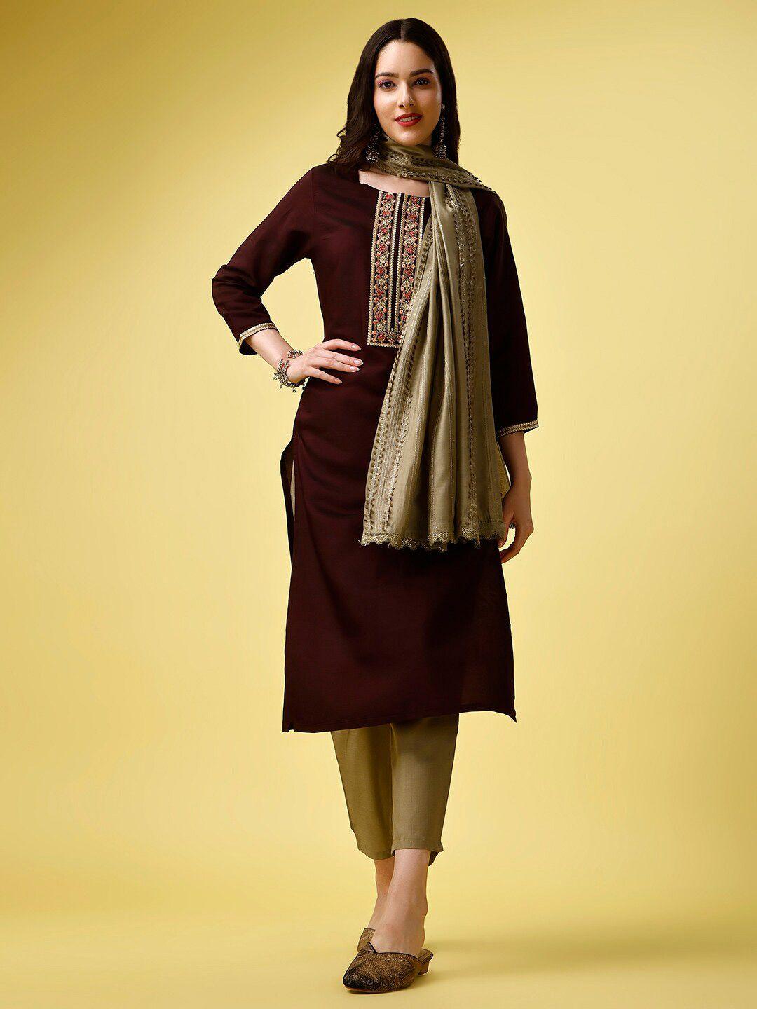 niza fashion ethnic motifs yoke design straight kurta with trousers & dupatta