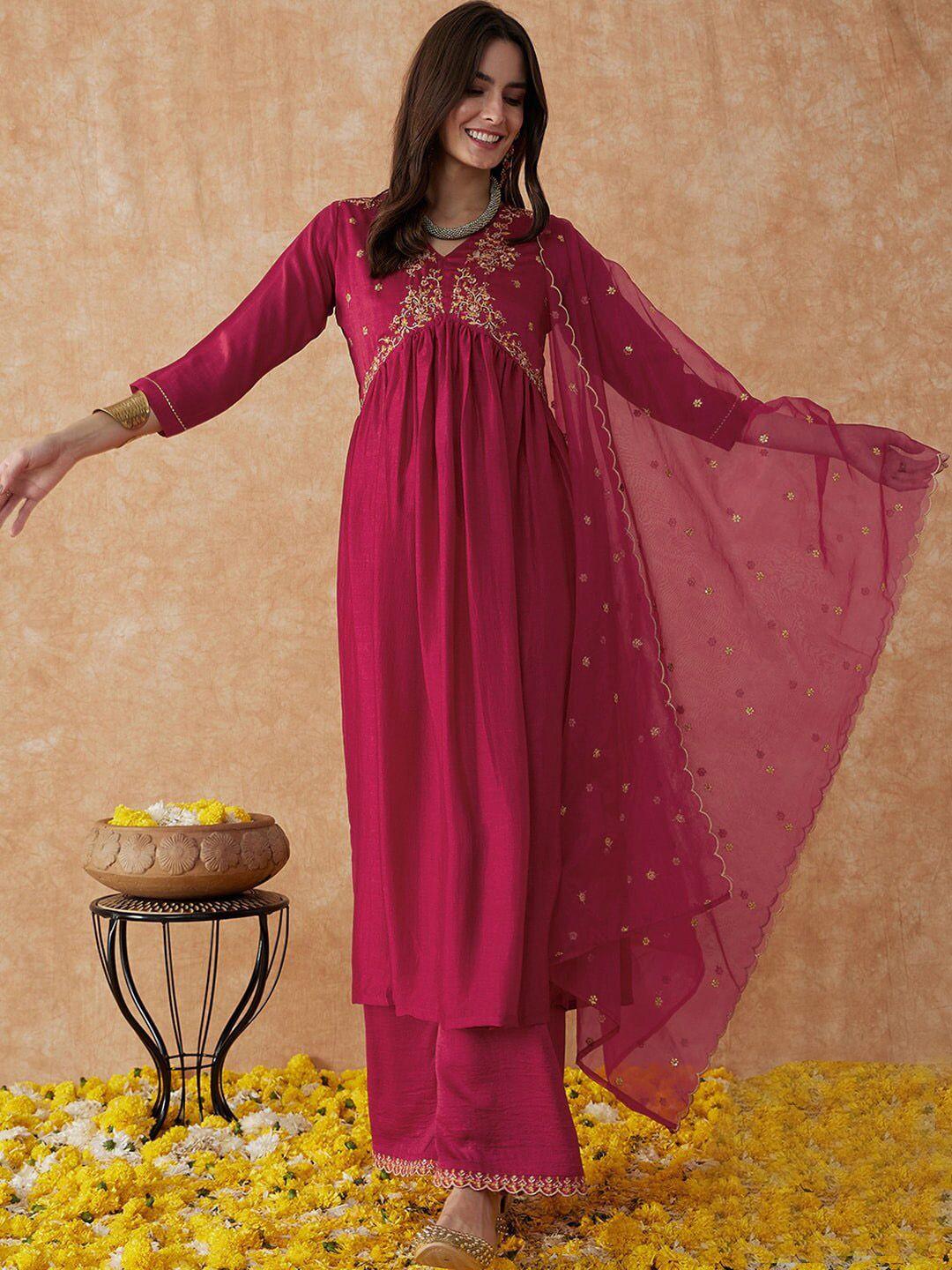 niza fashion floral embroidered empire thread work kurta with palazzos & dupatta