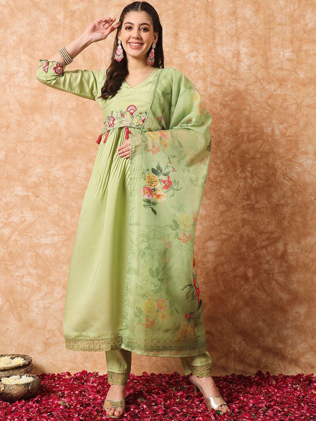 niza fashion floral embroidered pleated thread work kurta with trousers & dupatta