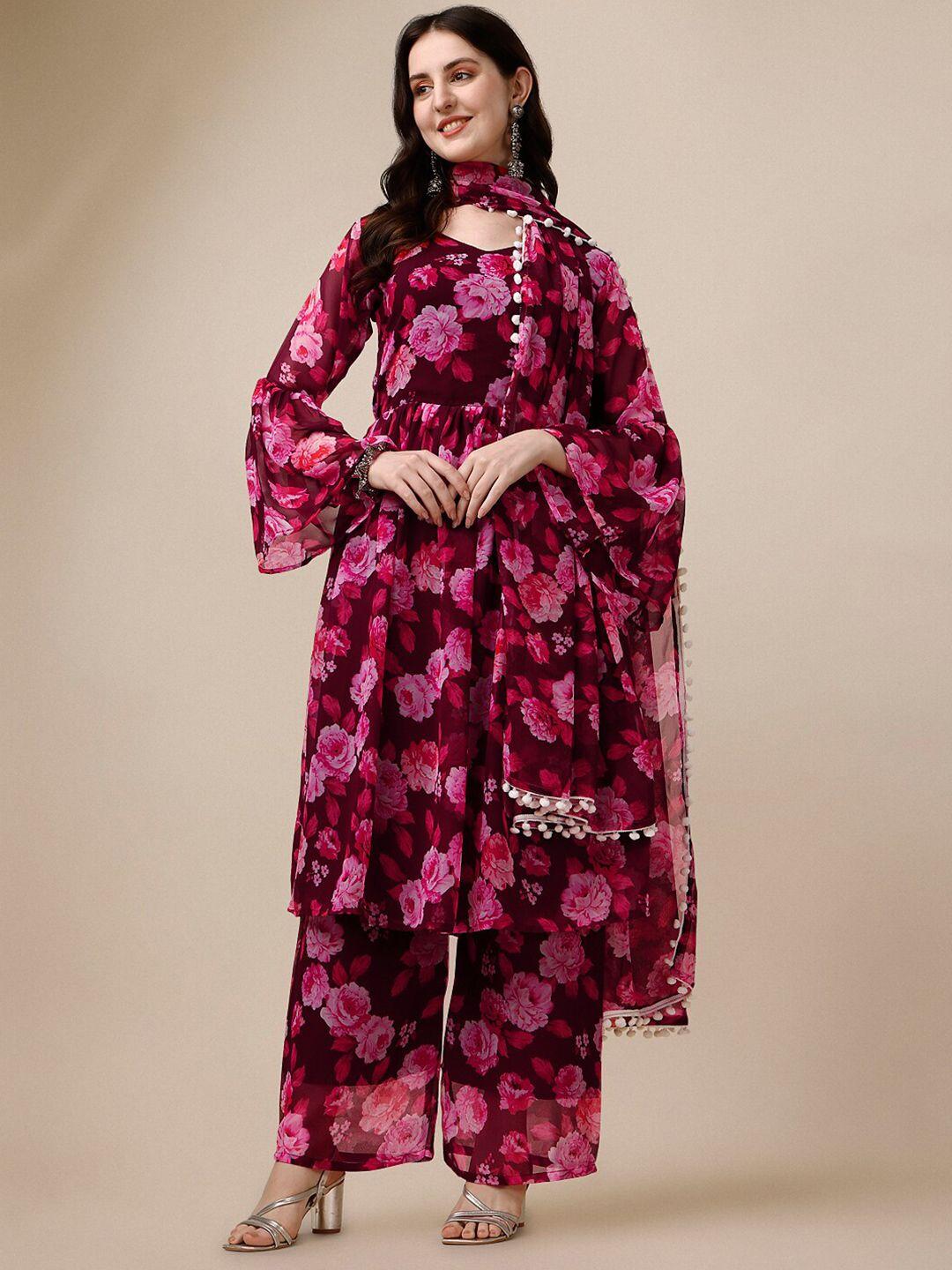 niza fashion floral printed bell sleeves anarkali georgette kurta with sharara & dupatta